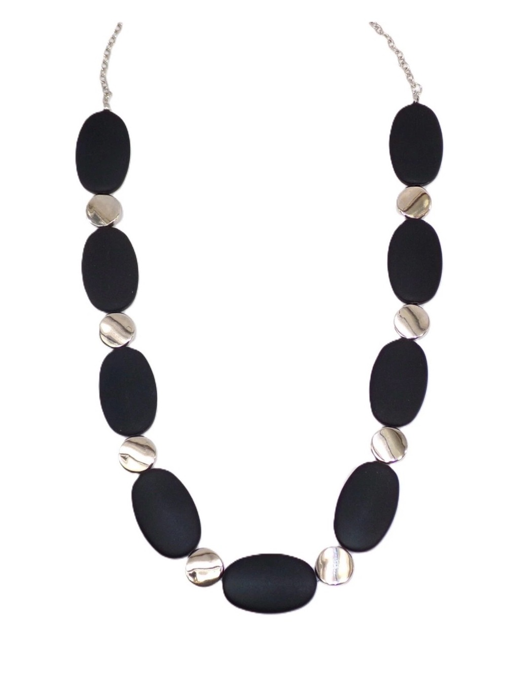 Black and silver bead necklace with long flat black beads round silver beads New
